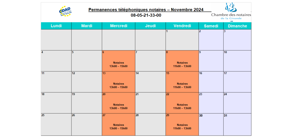 CDAD Gironde - Calendrier de la plateforme téléphonique des notaires de la Gironde du mois de Novembre 2024