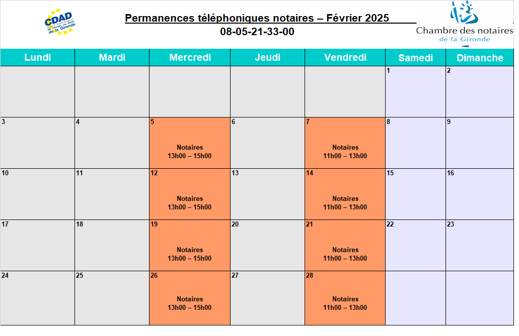 CDAD Gironde - Calendrier de la plateforme téléphonique des notaires de la Gironde du mois de Février 2025