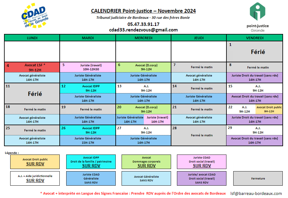 CDAD Gironde - Calendrier des permanences du mois de Novembre 2024 du Point-justice du Tribunal judiciaire de Bordeaux !