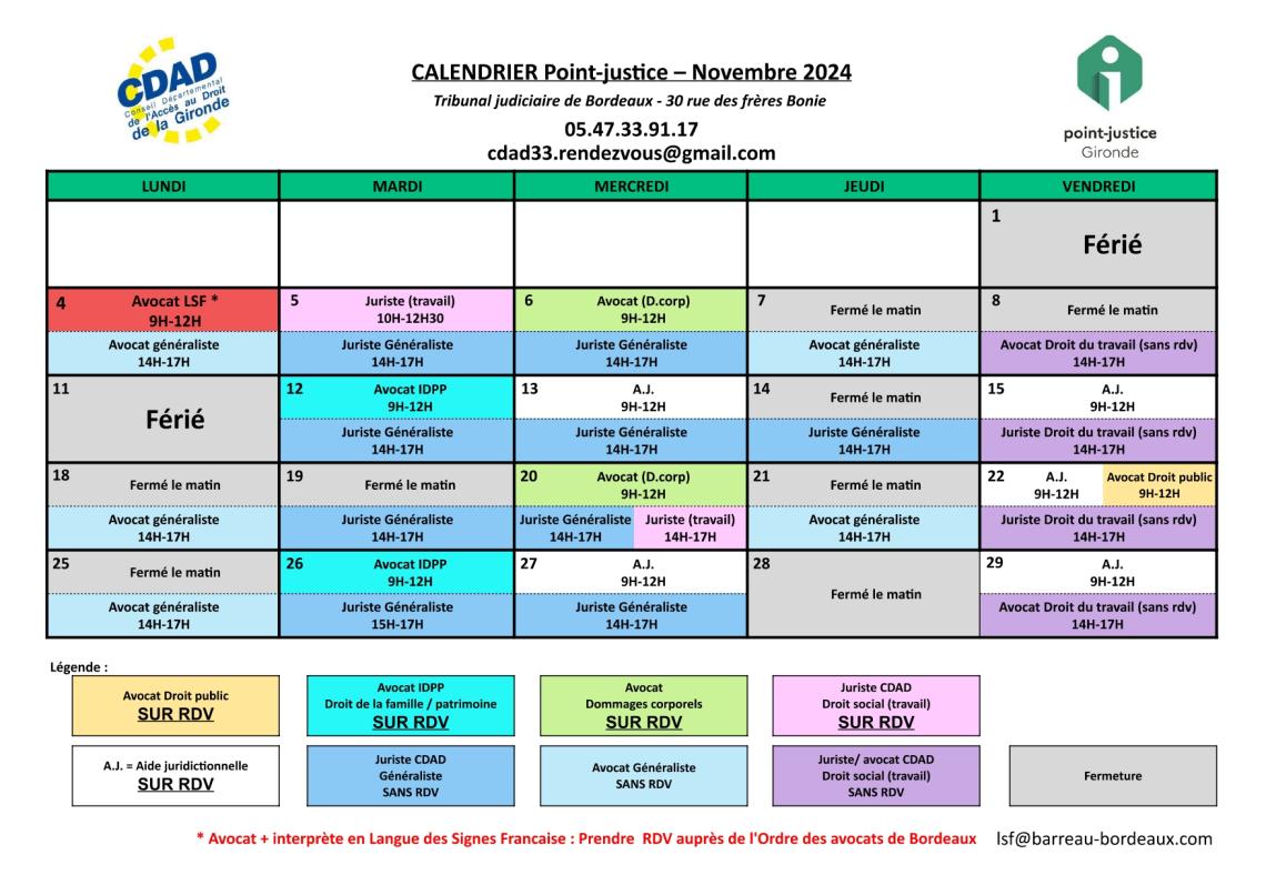 CDAD Gironde - Calendrier des permanences du mois de Novembre 2024 du Point-justice du Tribunal judiciaire de Bordeaux !