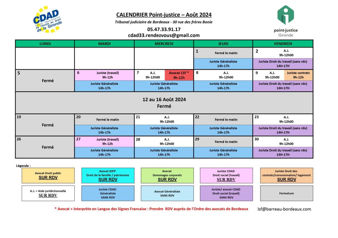 CDAD Gironde - Calendrier des permanences du mois d'Août 2024 du Point-justice du Tribunal judiciaire de Bordeaux