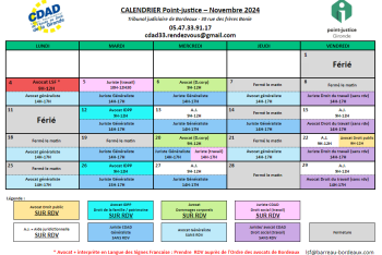 Calendrier des permanences du mois de Novembre 2024 du Point-justice du Tribunal judiciaire de Bordeaux !