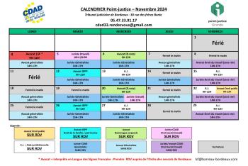 Calendrier des permanences du mois de Novembre 2024 du Point-justice du Tribunal judiciaire de Bordeaux !